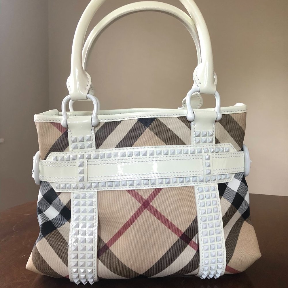 Burberry Check Canvas White Patent Leather Tote